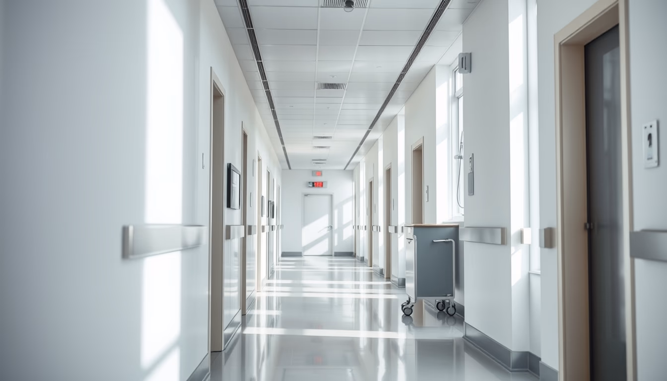 Corredor de hospital moderno paredes brancas limpas e luz natural em estilo editorial