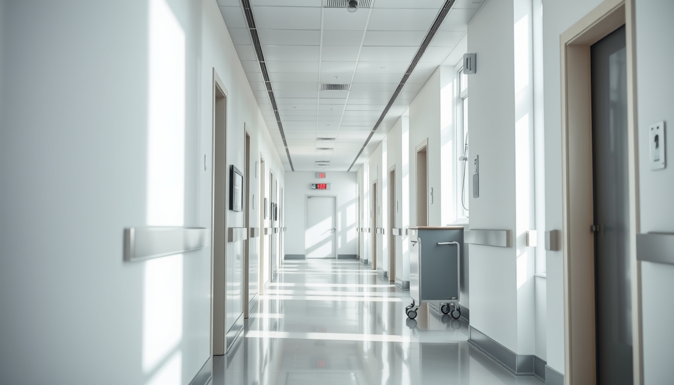 Corredor de hospital moderno paredes brancas limpas e luz natural em estilo editorial