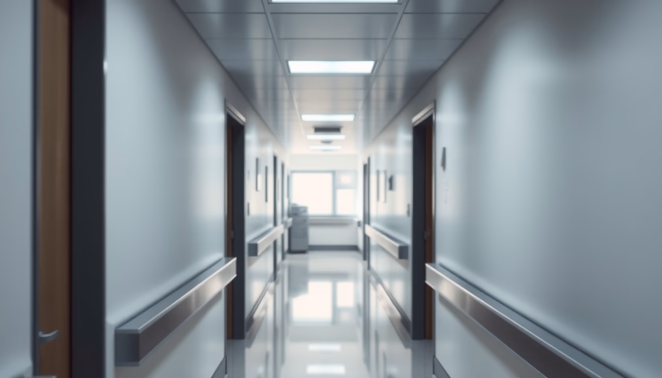 Corredor de hospital moderno paredes brancas limpas e luz natural em estilo editorial