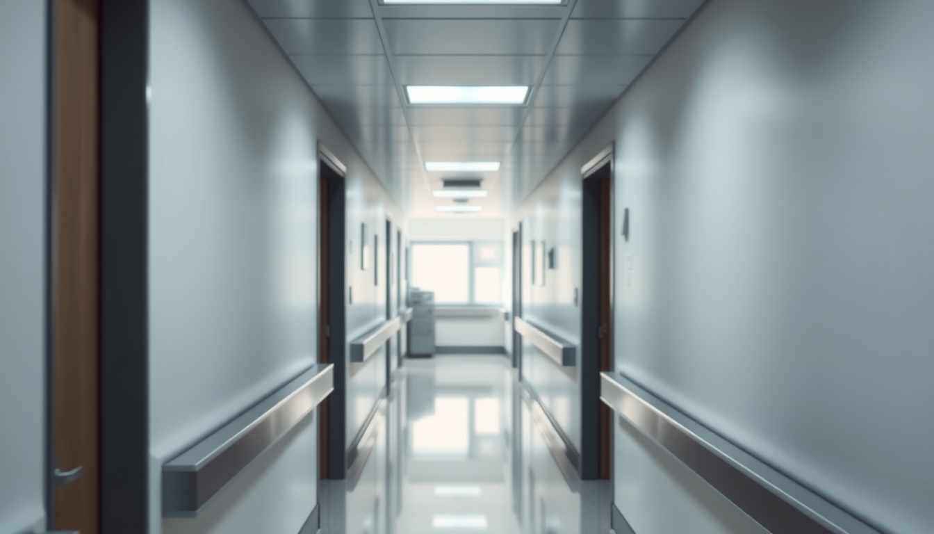 Corredor de hospital moderno paredes brancas limpas e luz natural em estilo editorial