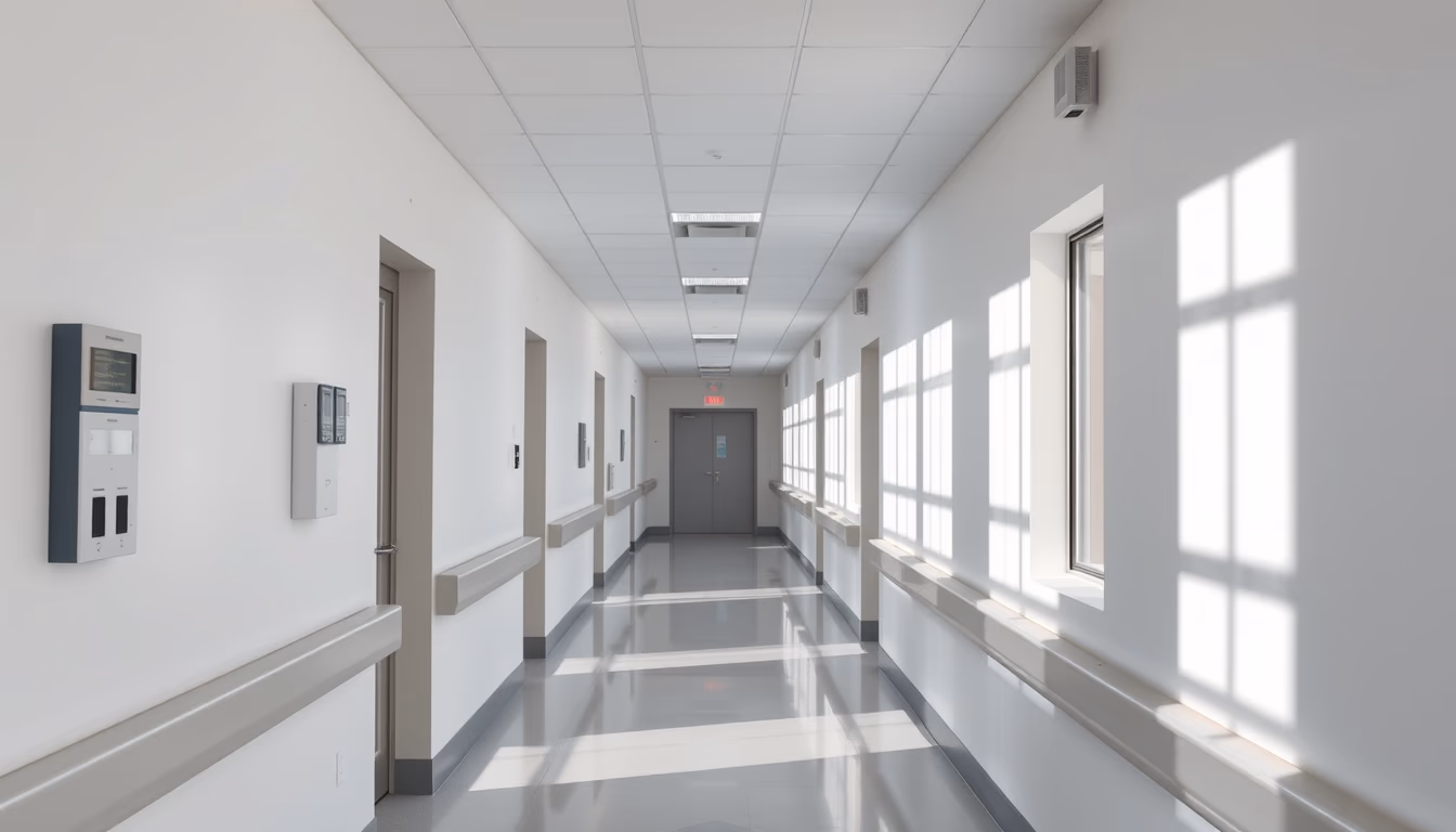modern hospital corridor clean white walls and natural light in editorial style