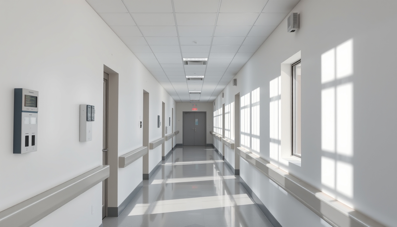 Corredor de hospital moderno paredes brancas limpas e luz natural em estilo editorial