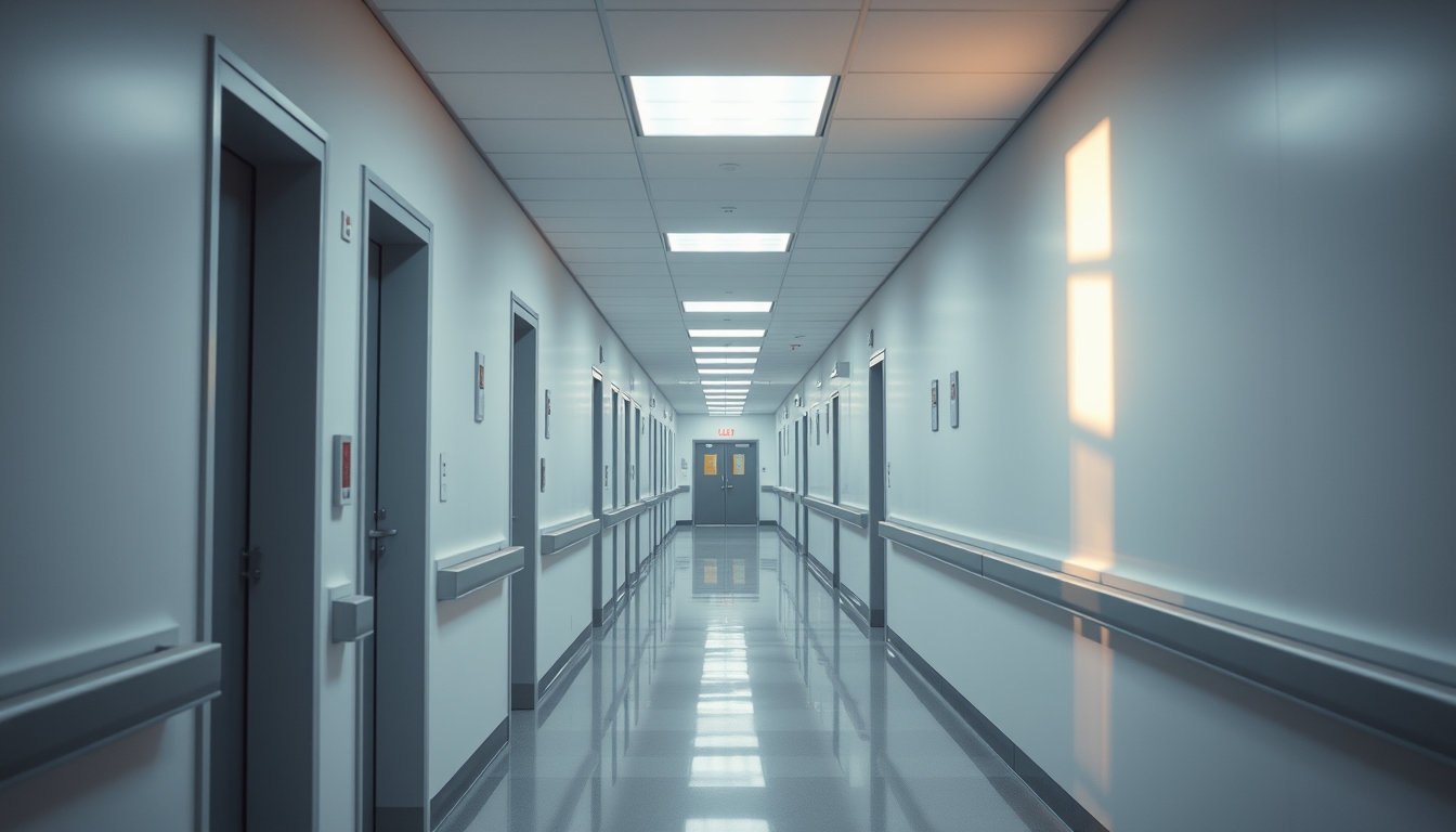 Corredor de hospital moderno paredes brancas limpas e luz natural em estilo editorial