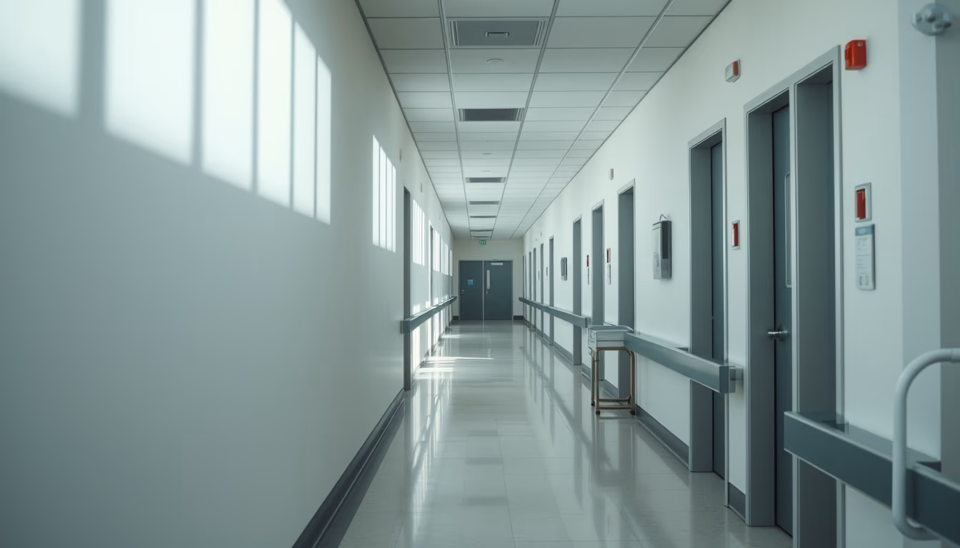 modern hospital corridor clean white walls and natural light in editorial style