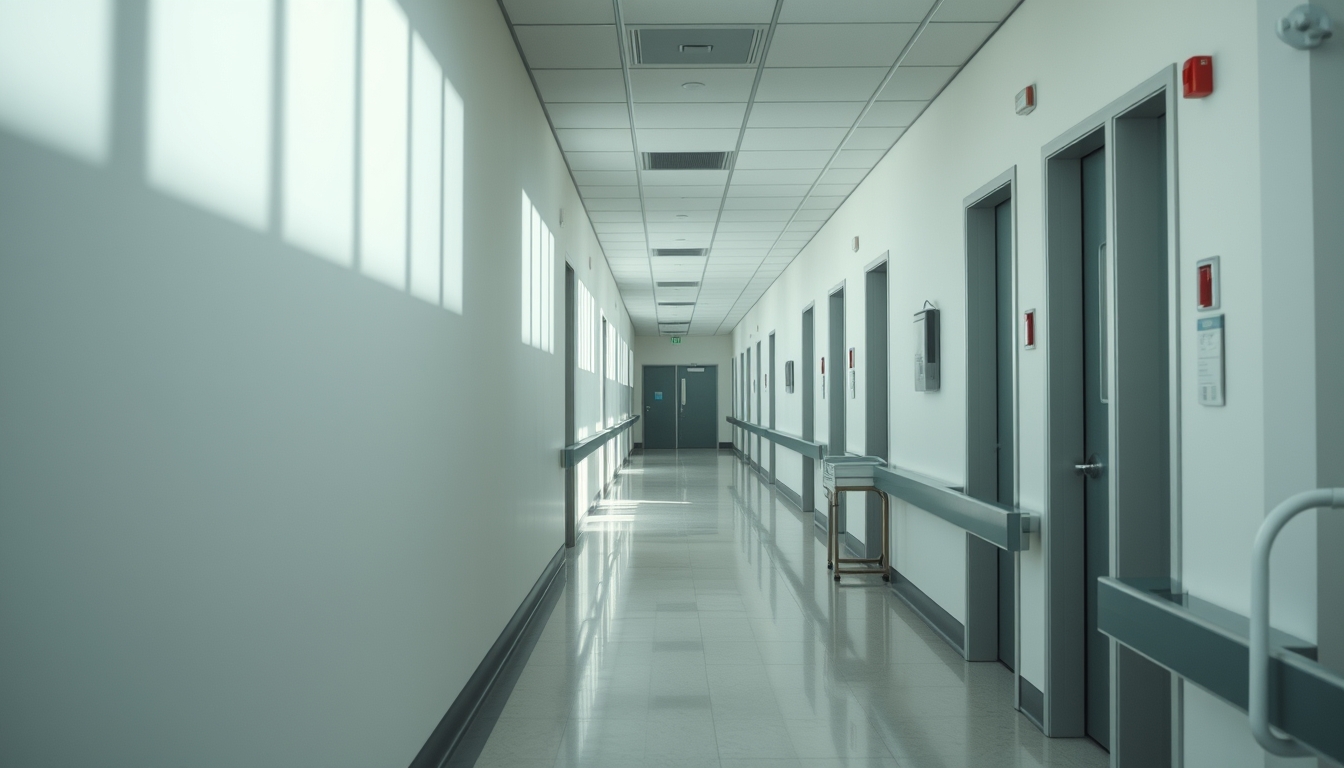 Corredor de hospital moderno paredes brancas limpas e luz natural em estilo editorial