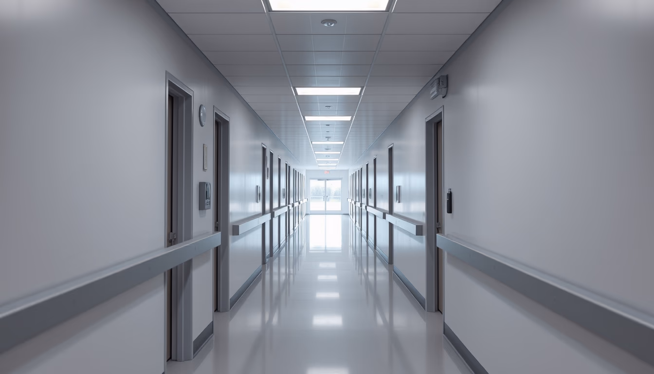 Corredor de hospital moderno paredes brancas limpas e luz natural em estilo editorial