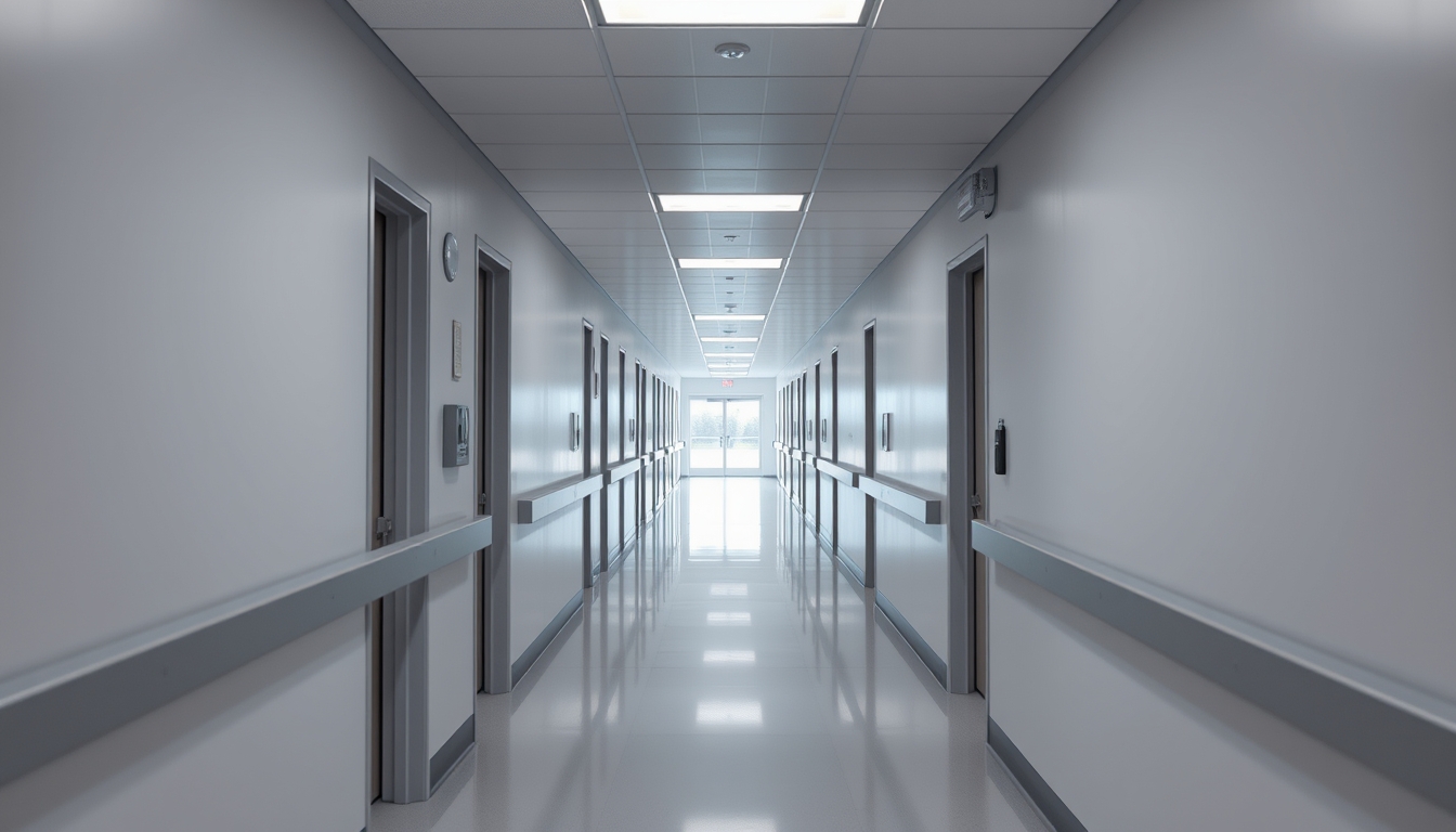 Corredor de hospital moderno paredes brancas limpas e luz natural em estilo editorial
