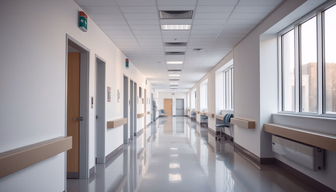 Corredor de hospital moderno paredes brancas limpas e luz natural em estilo editorial
