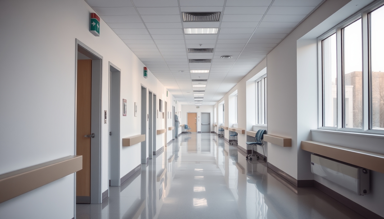 Corredor de hospital moderno paredes brancas limpas e luz natural em estilo editorial