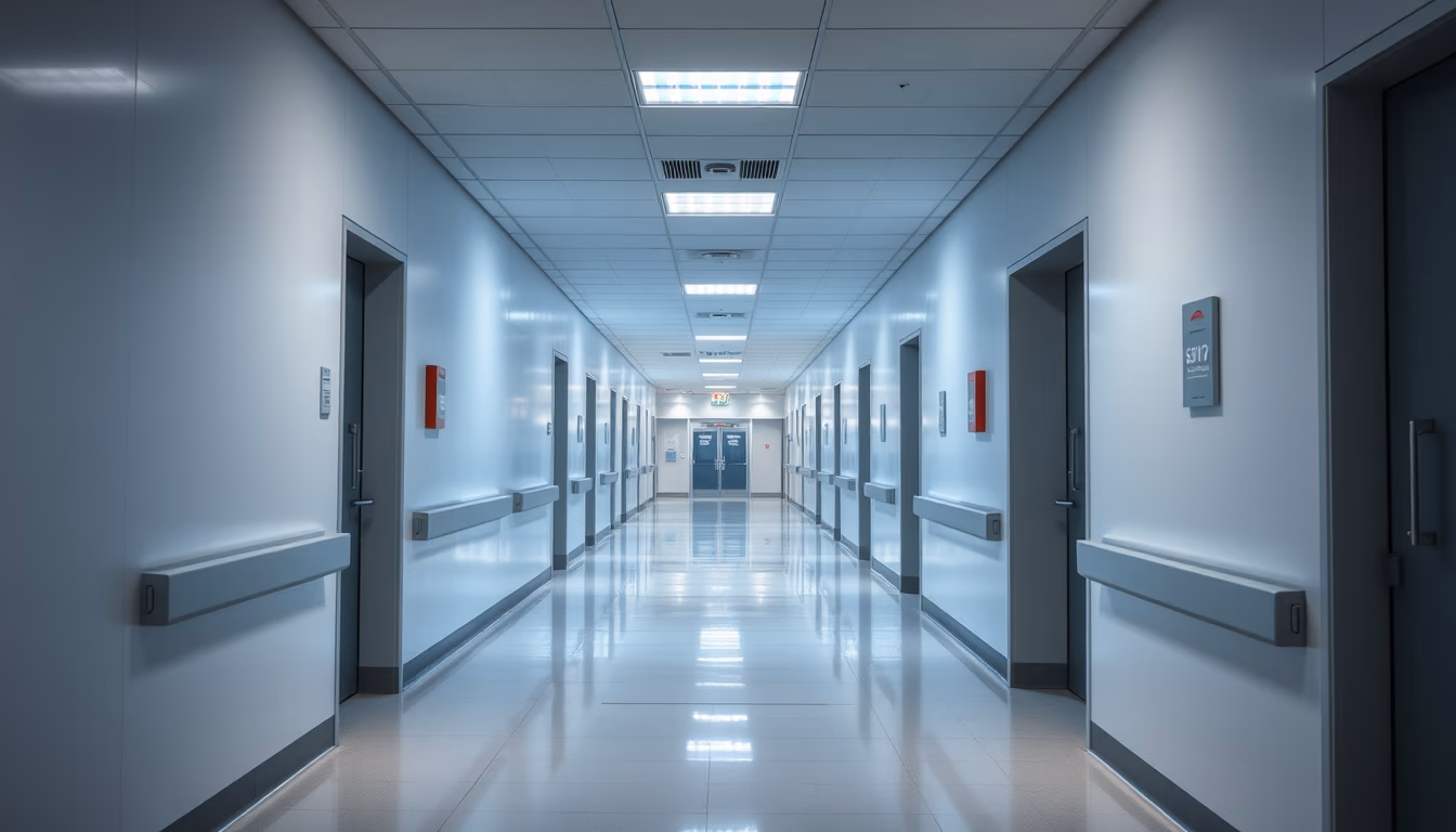 Corredor de hospital moderno paredes brancas limpas e luz natural em estilo editorial
