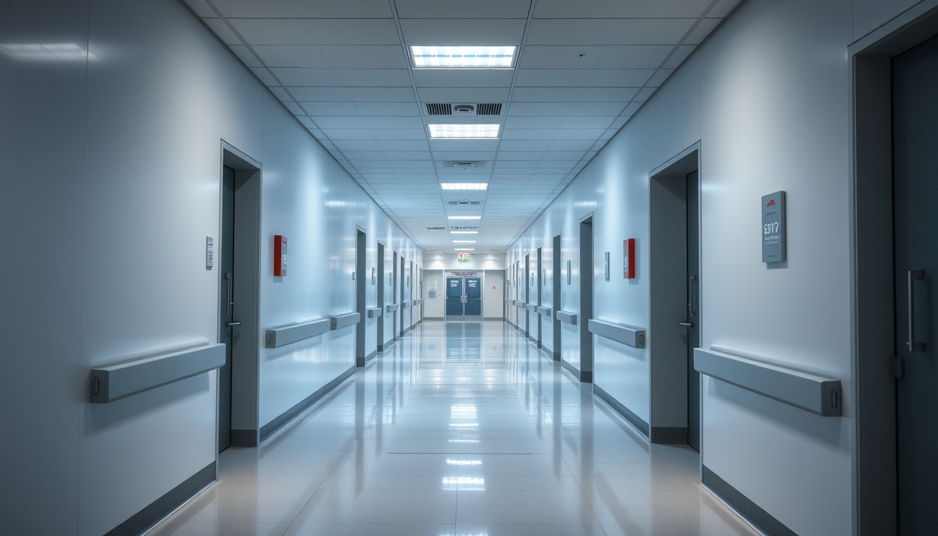 Corredor de hospital moderno paredes brancas limpas e luz natural em estilo editorial