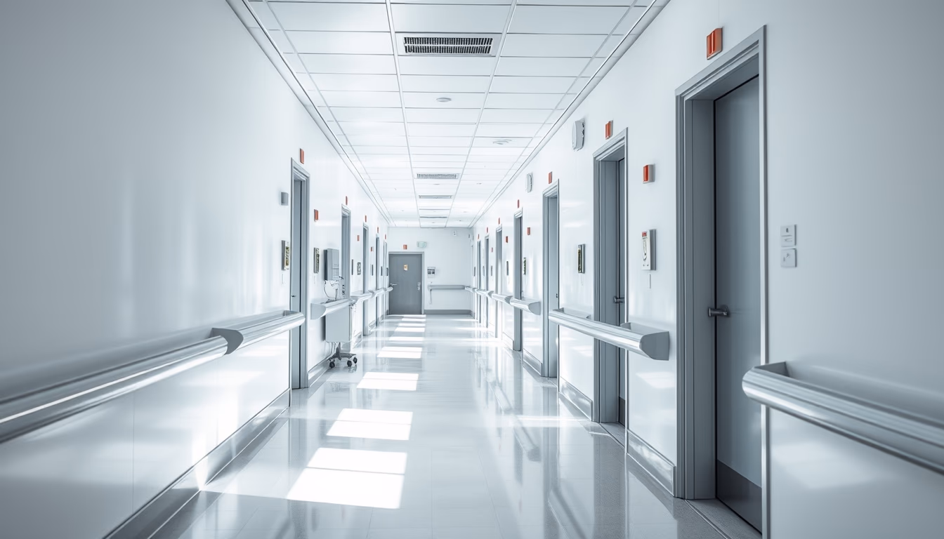 Corredor de hospital moderno paredes brancas limpas e luz natural em estilo editorial
