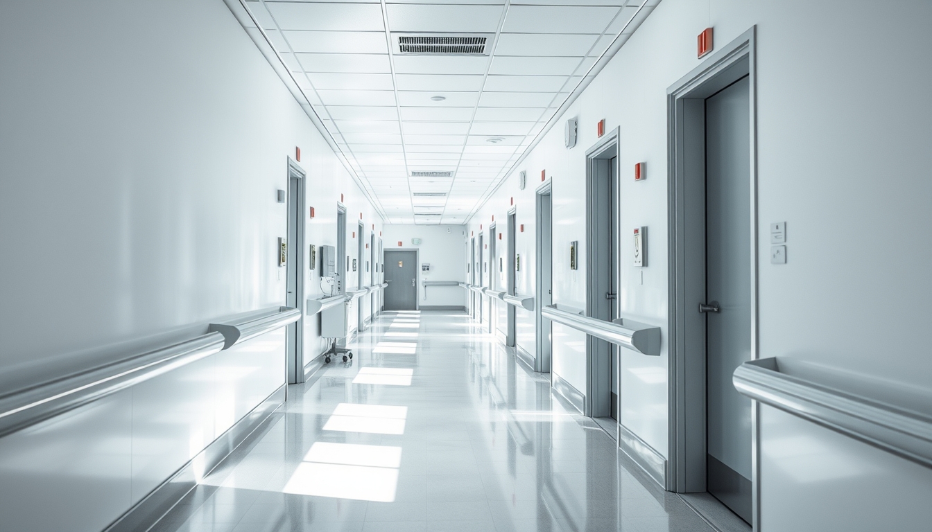Corredor de hospital moderno paredes brancas limpas e luz natural em estilo editorial