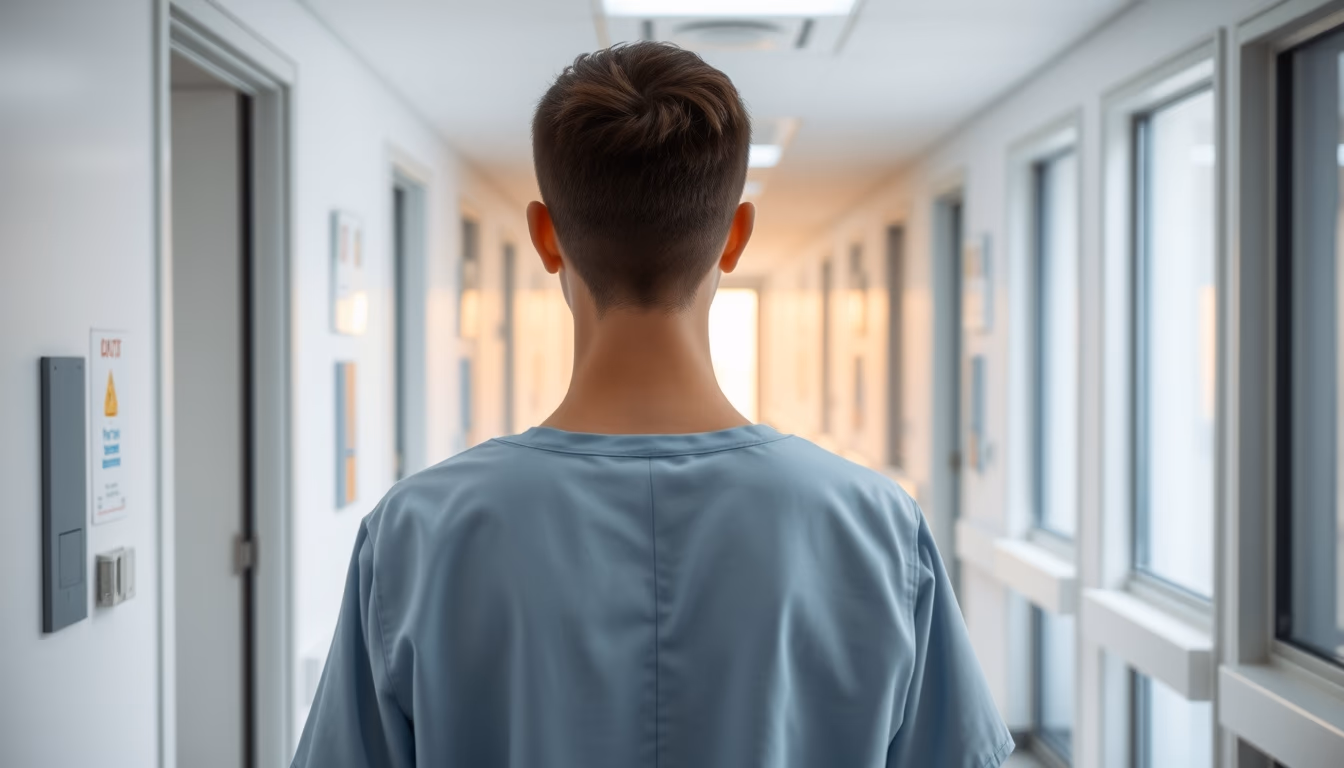 modern hospital corridor clean white walls and natural light in editorial style