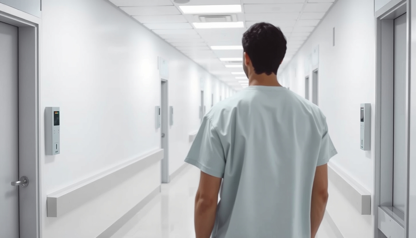 Corredor de hospital moderno paredes brancas limpas e luz natural em estilo editorial