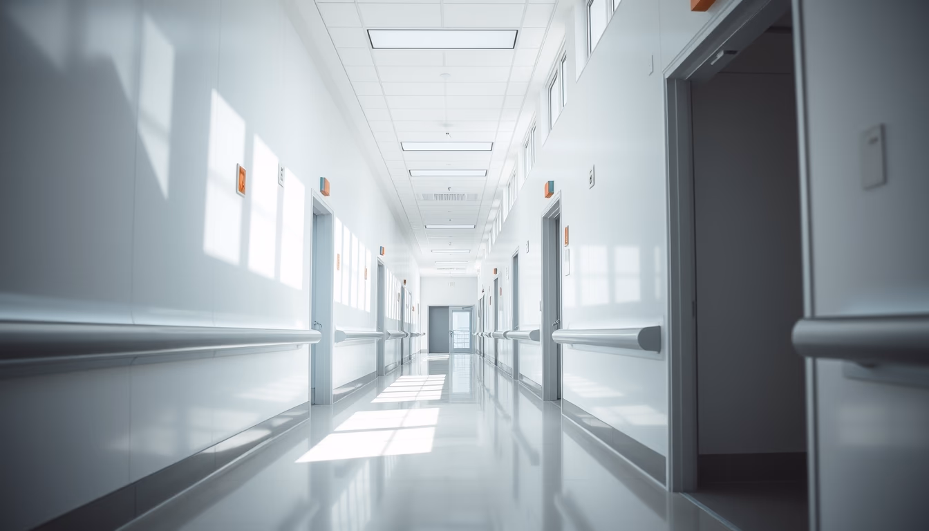 Corredor de hospital moderno paredes brancas limpas e luz natural em estilo editorial
