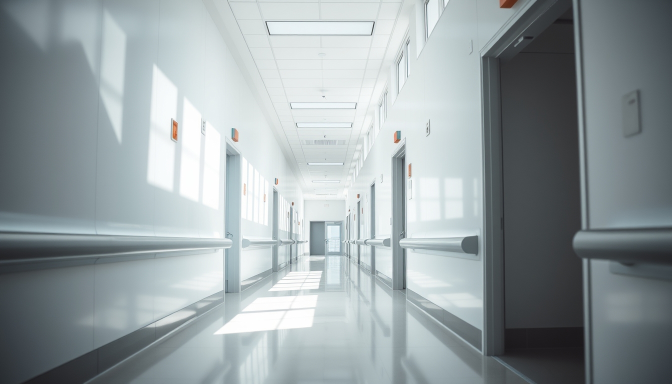 Corredor de hospital moderno paredes brancas limpas e luz natural em estilo editorial