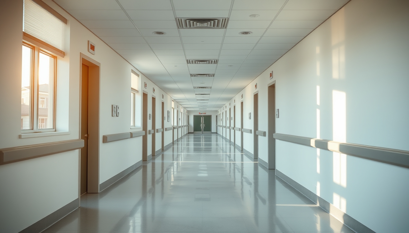 Corredor de hospital moderno paredes brancas limpas e luz natural em estilo editorial