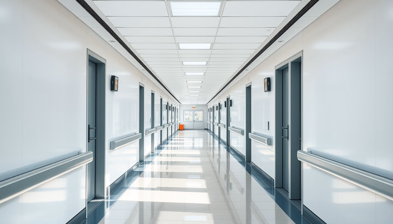 Corredor de hospital moderno paredes brancas limpas e luz natural em estilo editorial
