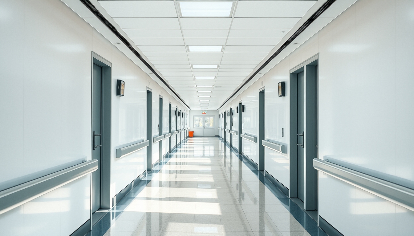 Corredor de hospital moderno paredes brancas limpas e luz natural em estilo editorial