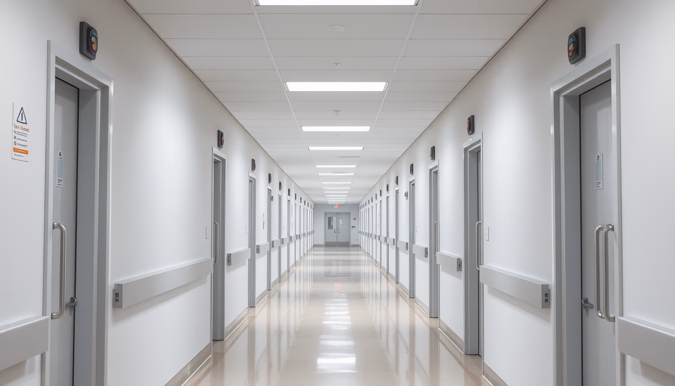 modern hospital corridor clean white walls and natural light in editorial style
