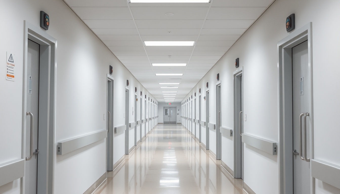 Corredor de hospital moderno paredes brancas limpas e luz natural em estilo editorial