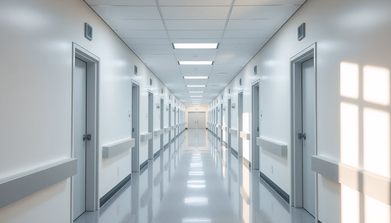 modern hospital corridor clean white walls and natural light in editorial style