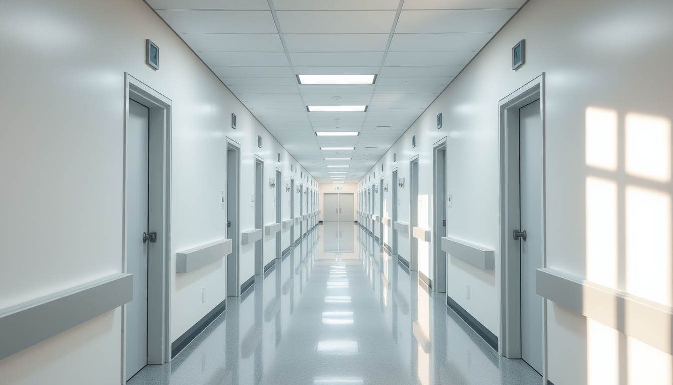 Corredor de hospital moderno paredes brancas limpas e luz natural em estilo editorial