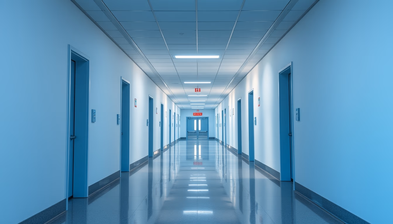 modern hospital corridor clean white walls and natural light in editorial style