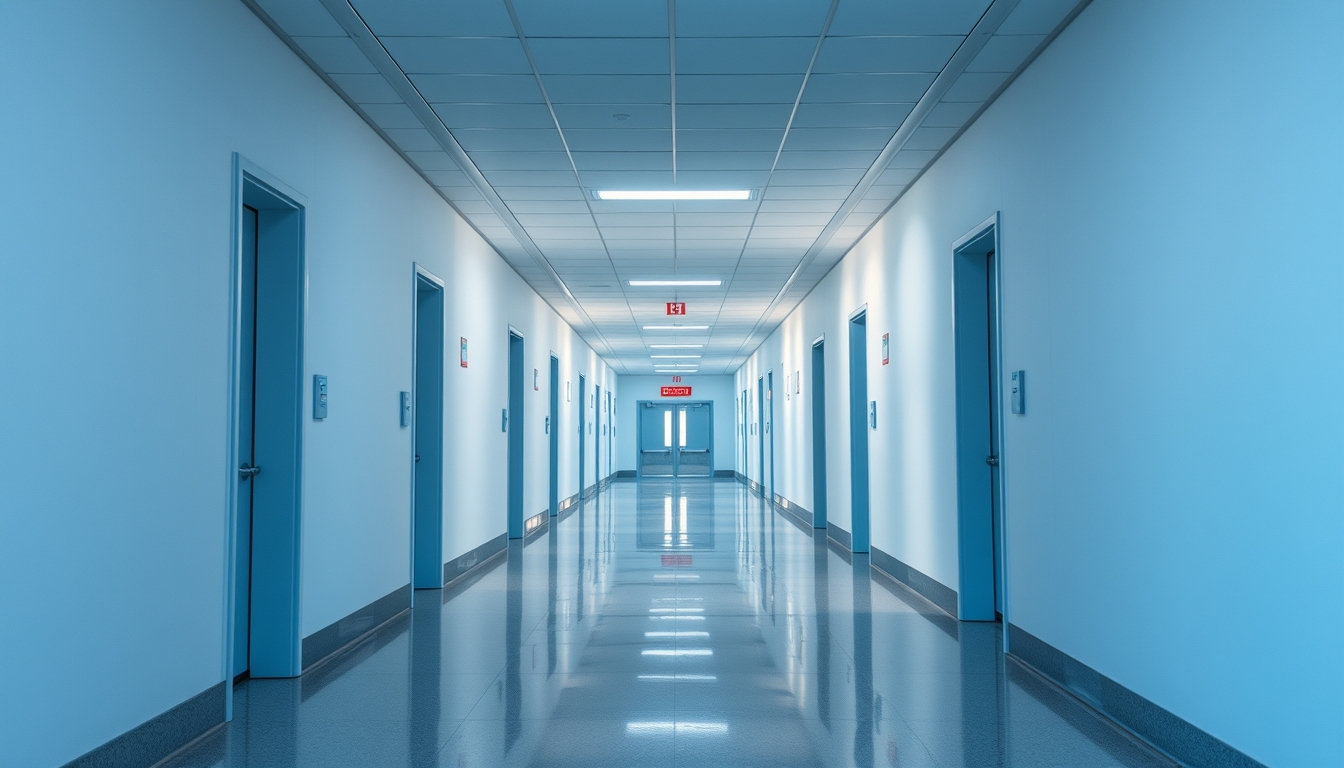 Corredor de hospital moderno paredes brancas limpas e luz natural em estilo editorial