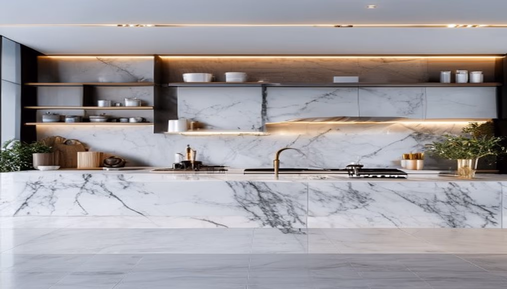 modern kitchen marble counter in editorial style