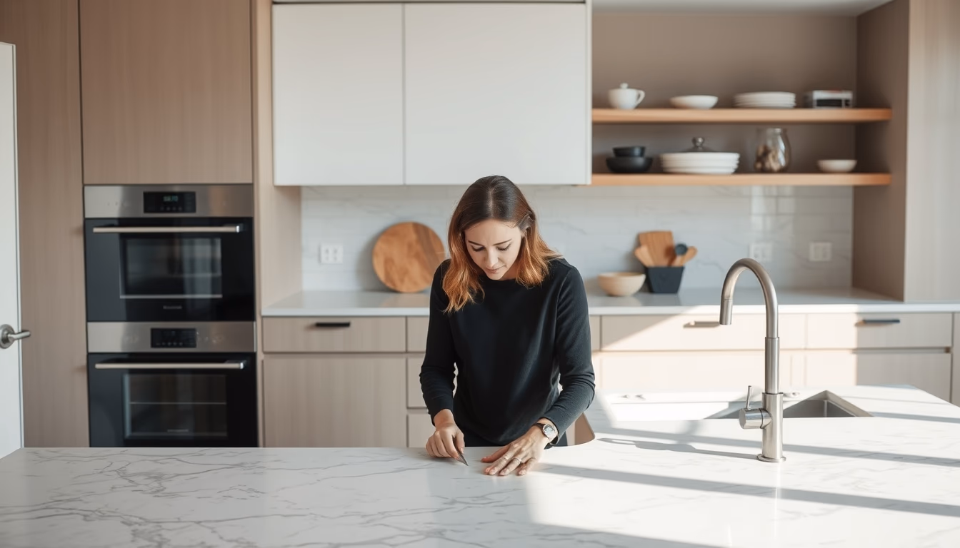 modern kitchen marble counter in editorial style