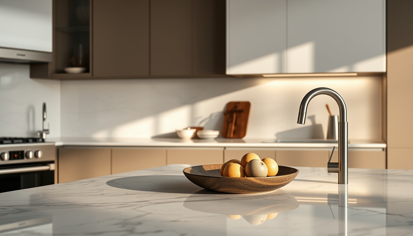 modern kitchen marble counter in editorial style