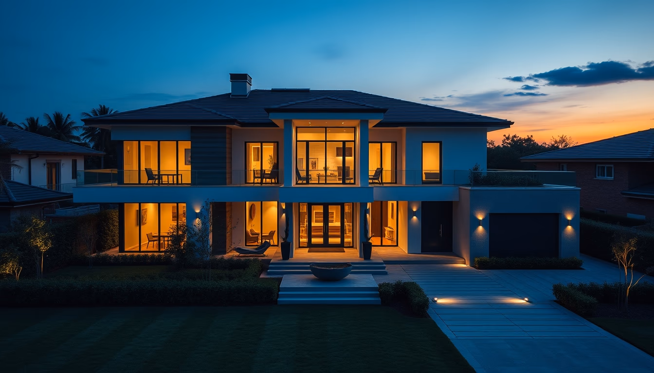 modern luxury house exterior twilight in editorial style