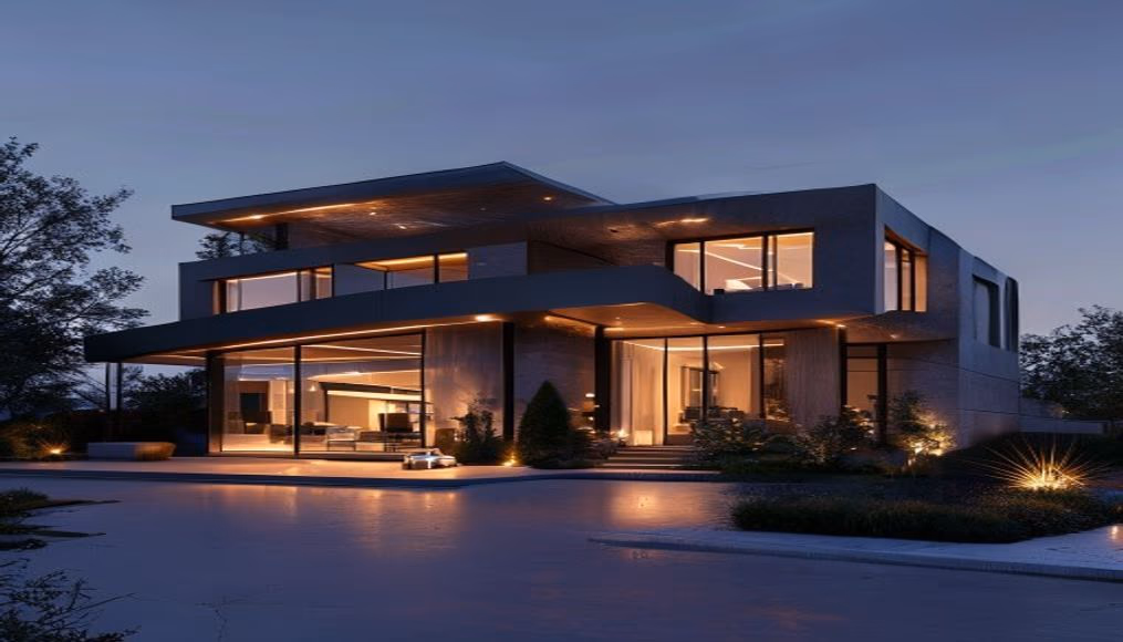 modern luxury house exterior twilight in editorial style
