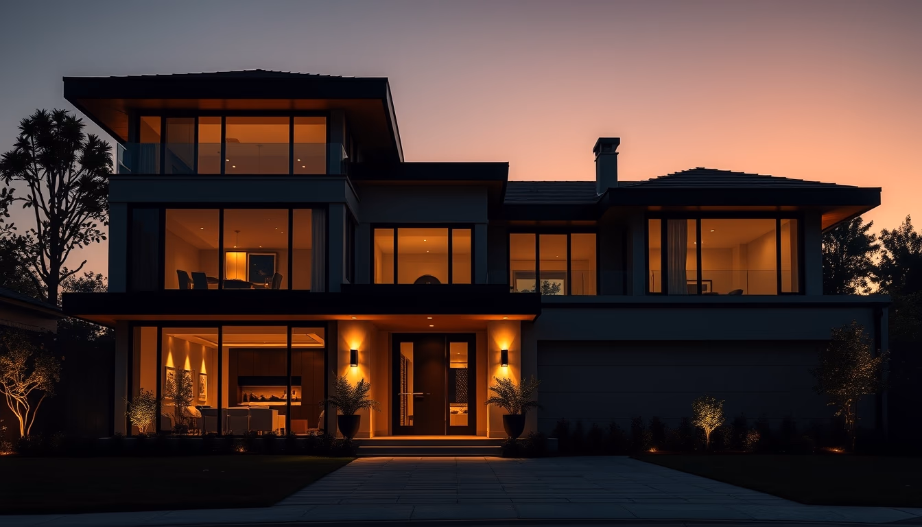 Casa de luxo moderna exterior crepúsculo em estilo editorial