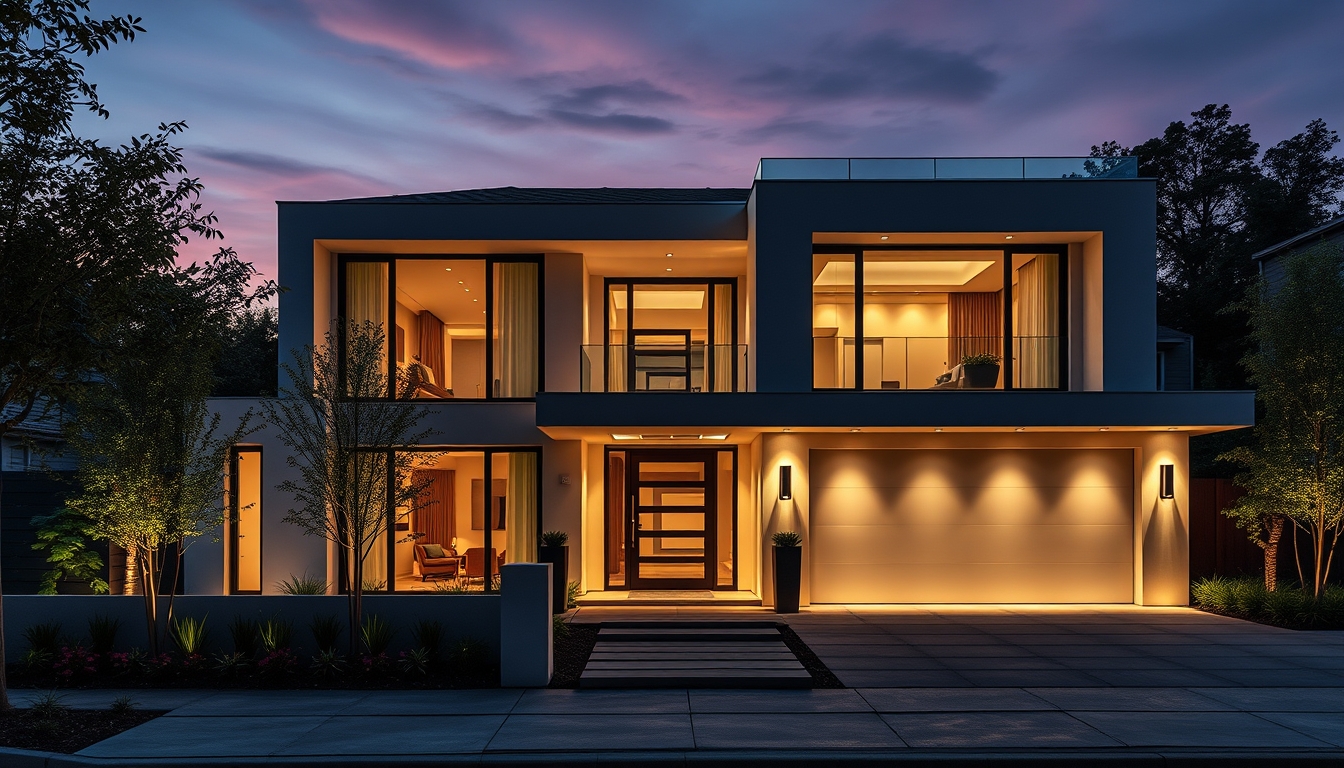 modern luxury house exterior twilight in editorial style