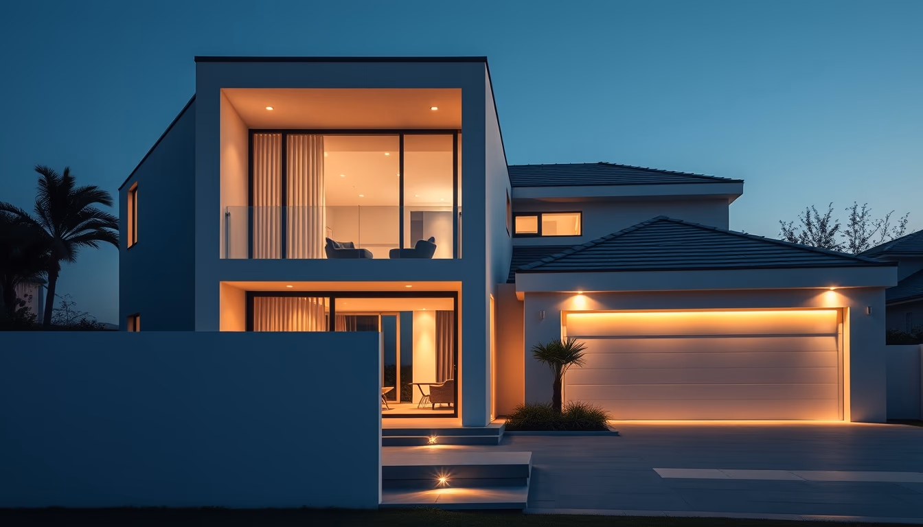 Casa de luxo moderna exterior crepúsculo em estilo editorial