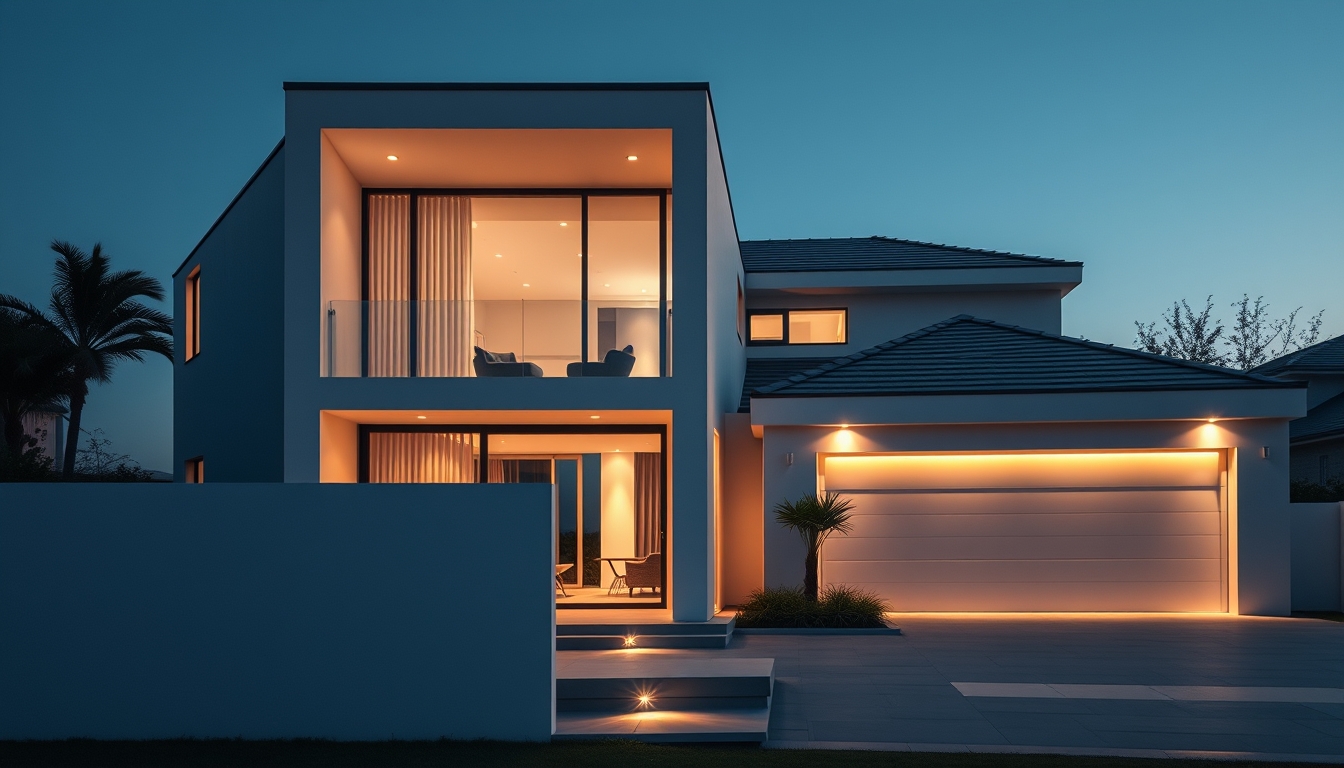 modern luxury house exterior twilight in editorial style