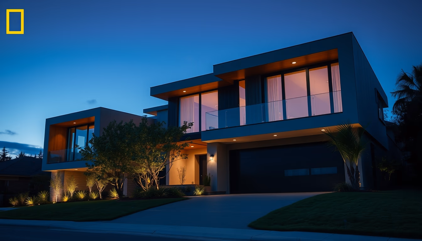 modern luxury house exterior twilight in editorial style