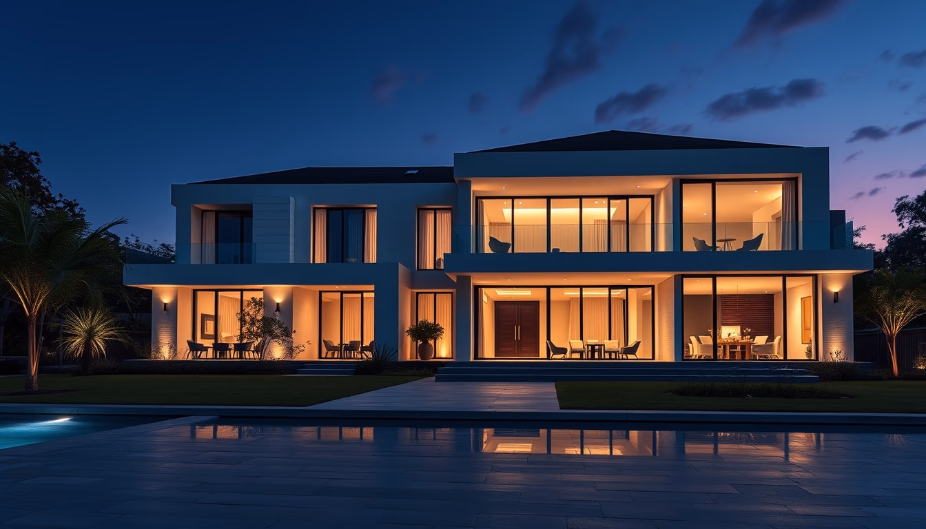 modern luxury house exterior twilight in editorial style