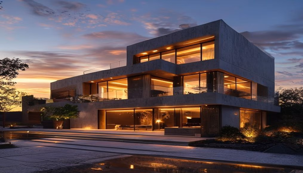 Casa de luxo moderna exterior crepúsculo em estilo editorial
