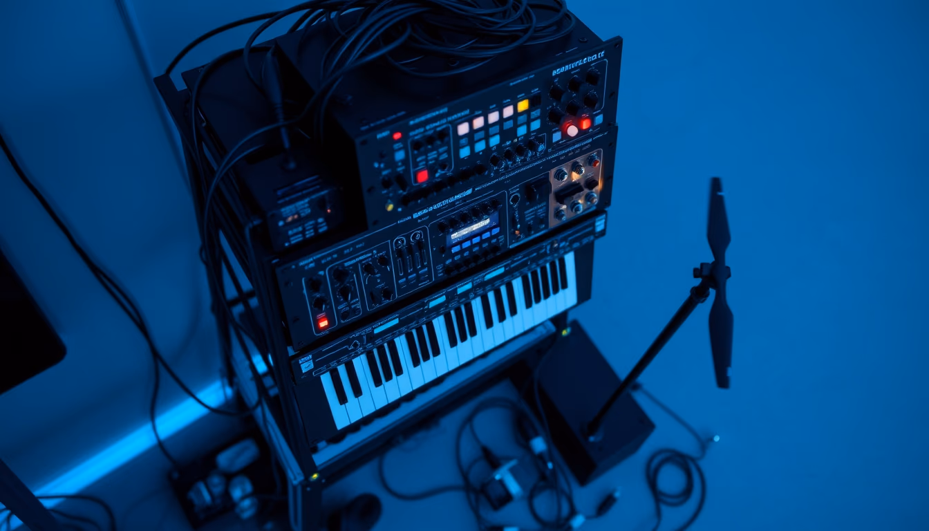 modular synthesizer rack in editorial style