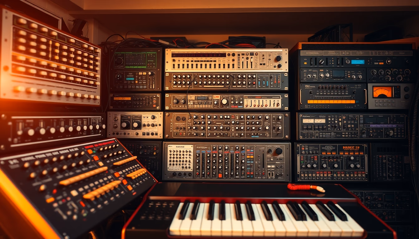 modular synthesizer rack in editorial style