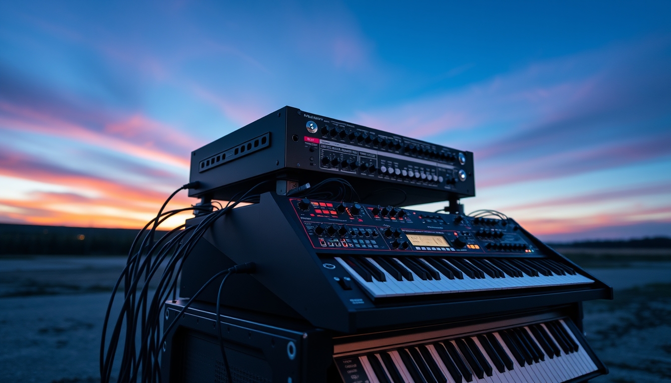 modular synthesizer rack in editorial style