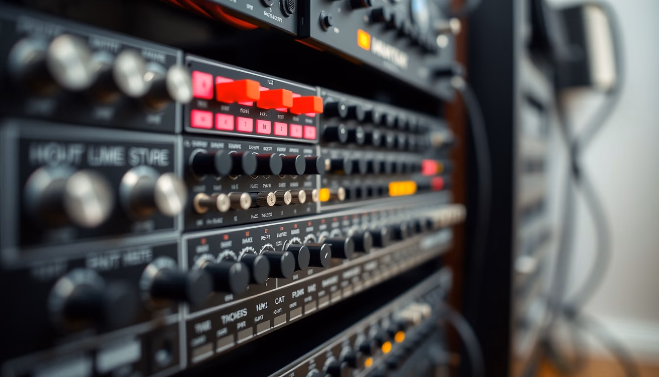 modular synthesizer rack in editorial style