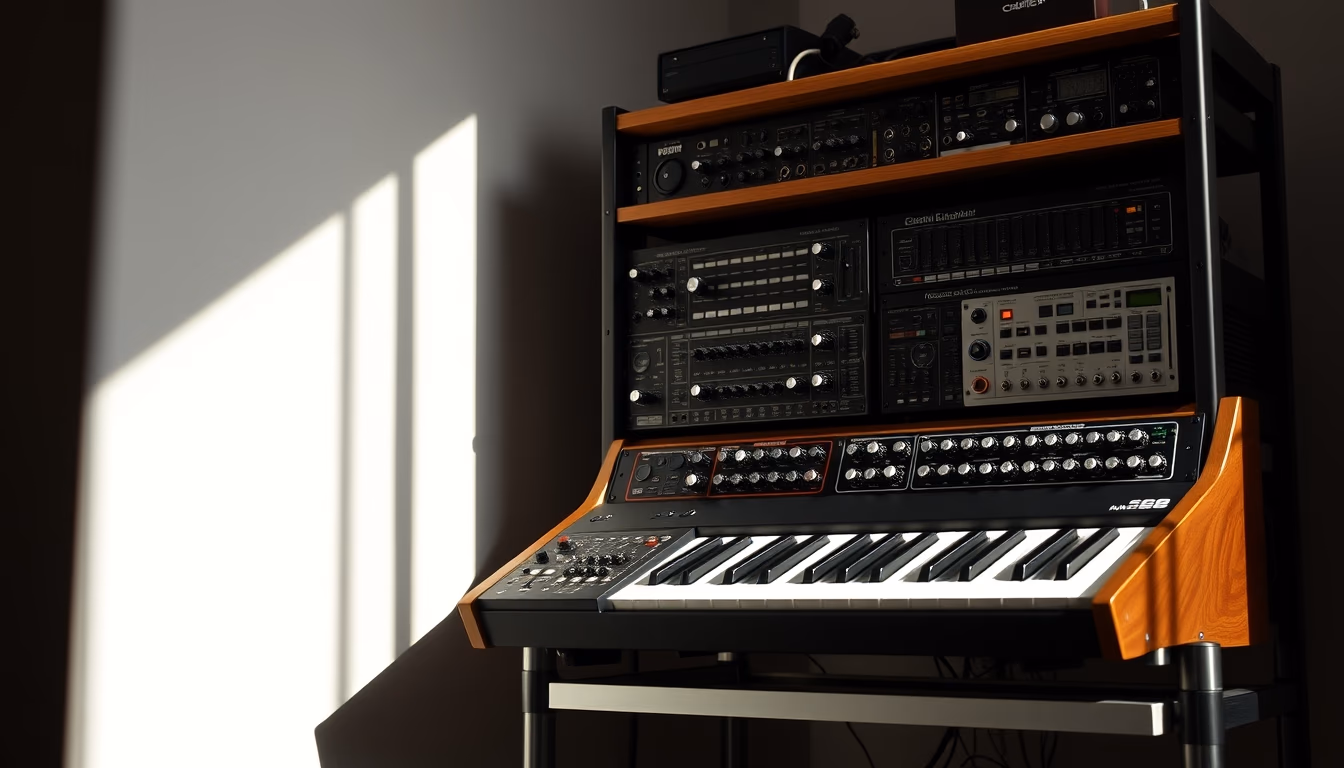 modular synthesizer rack in editorial style