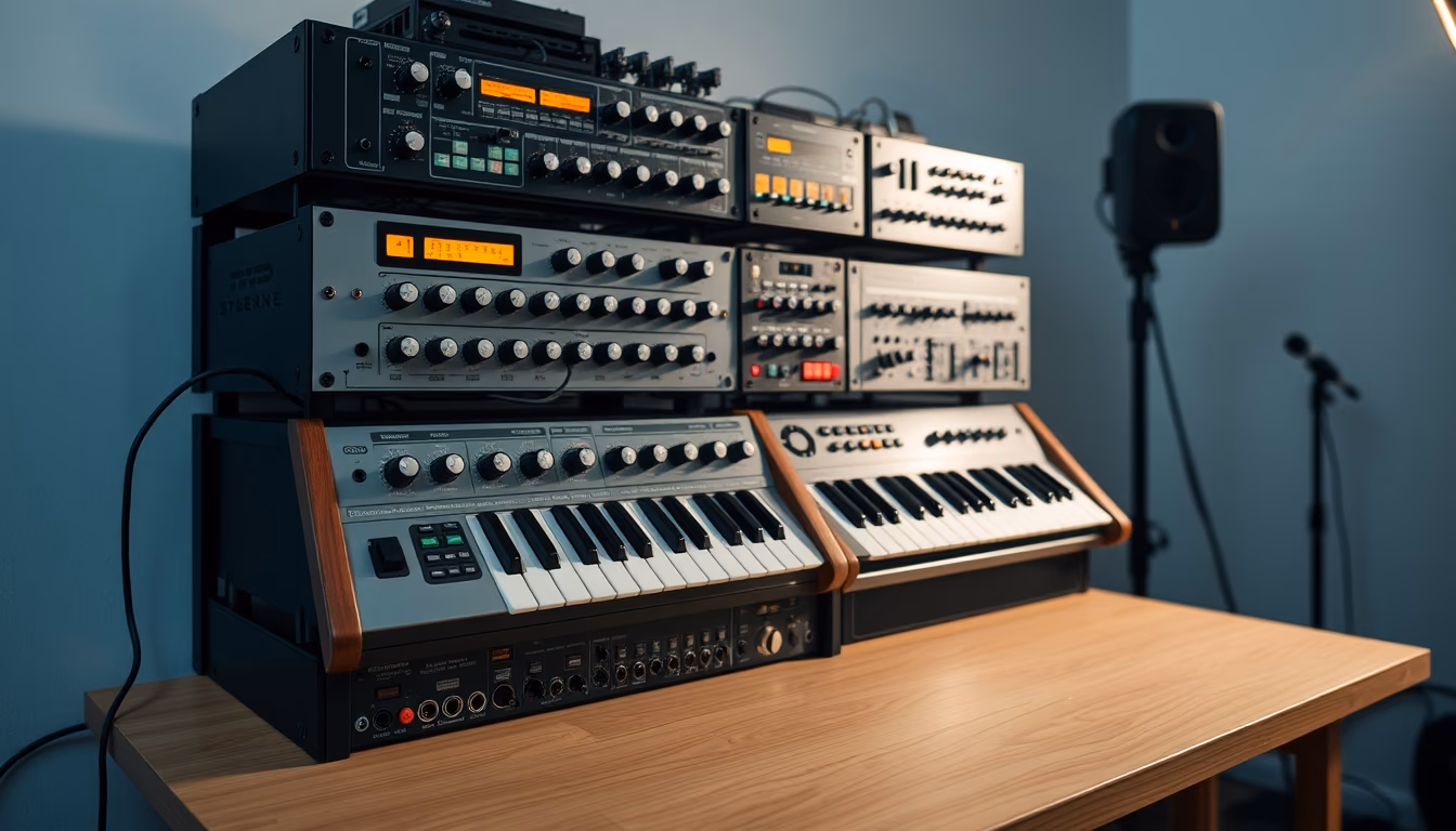 modular synthesizer rack in editorial style