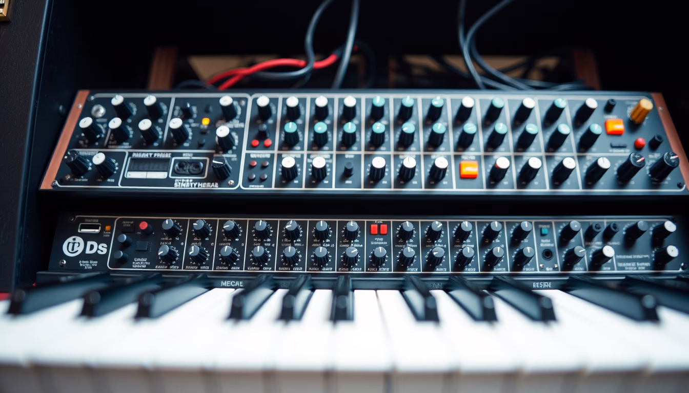 modular synthesizer rack in editorial style