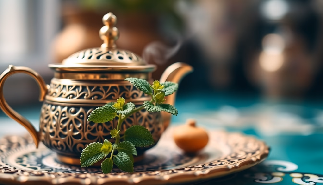 moroccan mint tea pot in editorial style
